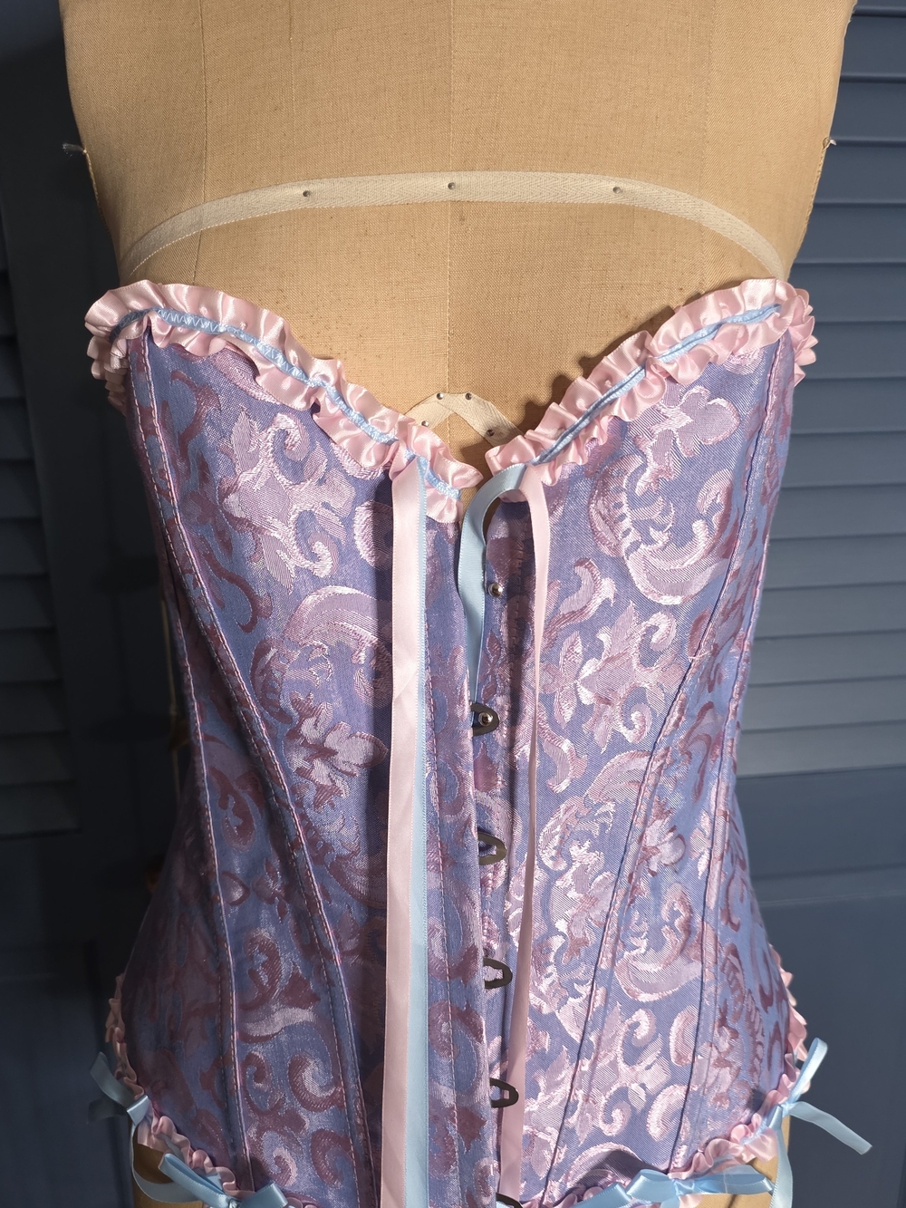 Lavender Pink Brocade Corset Bustier with Ribbon Trim